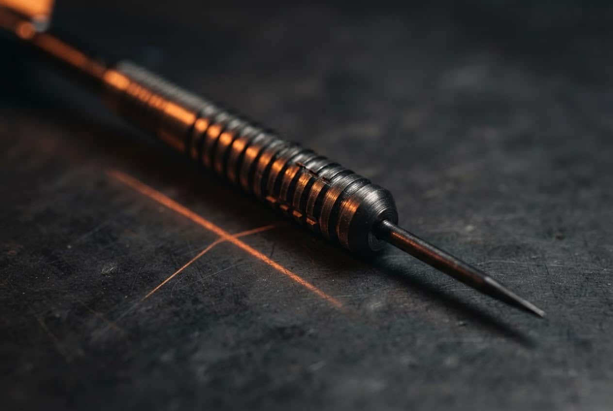 Nahaufnahme eines einzelnen Tungsten-Dartpfeils auf schwarzer Metallfläche im orangen Licht – Symbolbild zum 6:2-Sieg von Krzysztof Ratajski gegen Dave Chisnall.