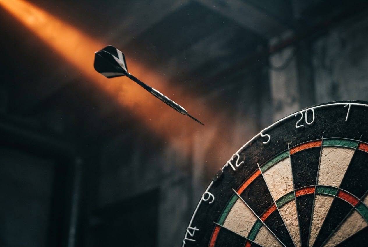 Schwarz-orange Symbolillustration eines Dartboards mit einem fliegenden Steel-Dart im Lichtkegel – zum 6:3-Sieg von Jermaine Wattimena gegen Ryan Joyce bei der Darts-EM 2026.